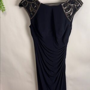 Xscape Navy Embellished Cap-Sleeve Evening Gown
